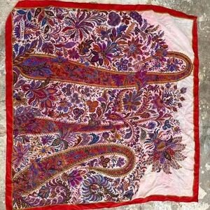 Designer Jean Patou‎ red & multicolored vintage silk scarf
